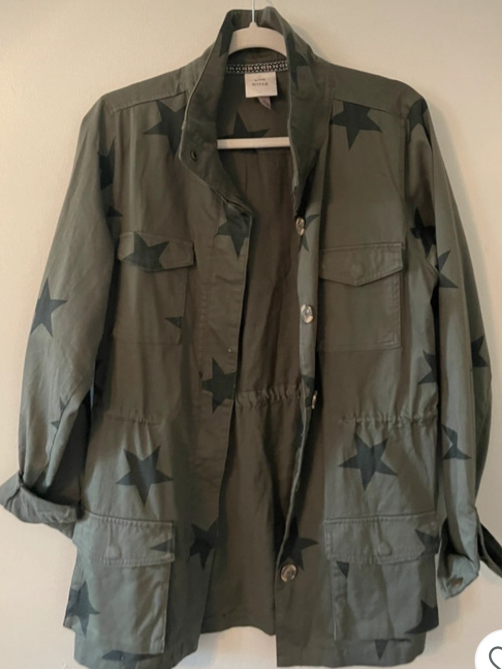 Knox Rose Medium Army Green w/black Star-Print Utility Jacket 4 front pockets